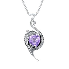 LONAGO Dragon Necklace 925 Sterling Silver Black Dragon with Heart-Shaped Birthstone Pendant Necklace for Women, Sterling Silver, Cubic Zirconia