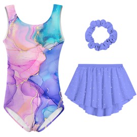 ACOCOPY Girls Gymnastics Leotards Sparkle Quick Dry One Piece Tumbling Class Bodysuits Shiny Purple Marble Gym Outfits Set