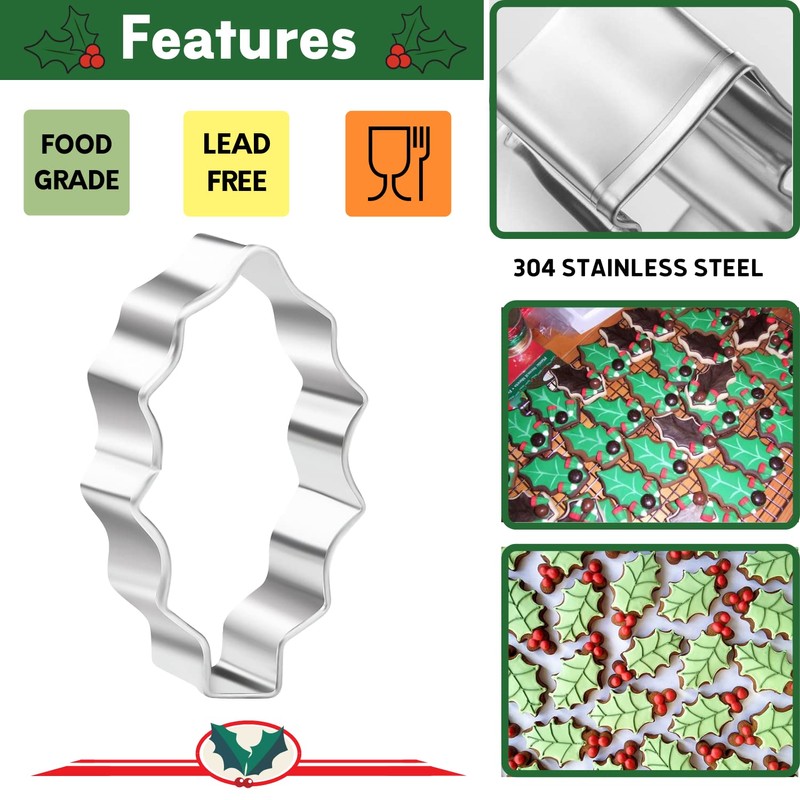 KAISHANE Holly Leaves Cookie Cutter Set,4 PCS Leaves Shape,Stainless Steel