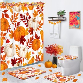 ArtSocket Autumn Shower Curtain Sets with Rugs Fall Pumpkin Orange Bathroom Set with Non-Slip Rug, Toilet Lid Cover, Bath Mat and 12 Hooks 72x72 inches Bathroom Decor 4 Pcs