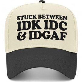 Stuck Between IDK IDC Vintage Trucker Hat | Premium Snapback Baseball Hat for Men & Women (US, Alpha, One Size, Black/Natural)