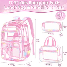 Fimibuke Clear Backpack for Girls, 3PCS Heavy Duty PVC Transparent Girls Backpack with Lunch Box & Pencil Case School Stadium Approved Cute Toddler School Bookbag for Preschool Kindergarten Elementary