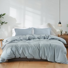 QKTE French Linen Duvet Cover Set, 3 PCS Natural French Flax White Duvet Cover King Size, Breathable Soft Comfy Linen Bedding Comforter Cover with 2 Pillowcases(Dusty Blue, 104" x 92")