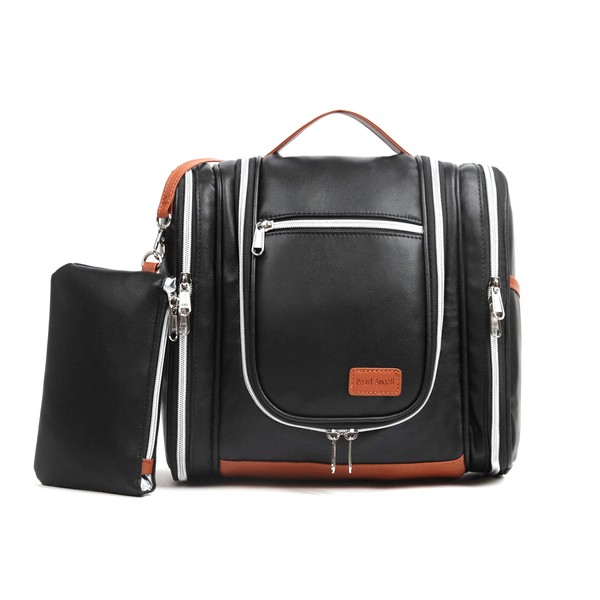 Pearl Angeli Large Toiletry Bag Travel Makeup Bag with Hanging Hook PU Leather Waterproof Cosmetic Bag(Black)