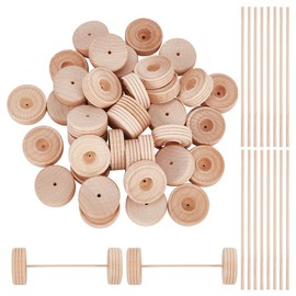 DELORIGIN 36 Pack Wood Craft Wheels with 18Pcs Wood Sticks, Slab Mini Wooden Wheels with 0.14 inch Holes, Unfinished Wood Wheels for Crafts DIY Cars Painting Colors Wood Working Pegboards