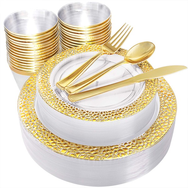 Supernal 180pcs Gold Plastic Dinnerware,Clear Plasitc Plates with Gold Dimond Design,Gold Plastic Silverware,Gold Plates,Clear Cup with Gold Rim,Good Choice for Wedding and Party
