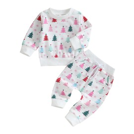 FIOMVA Baby Girl Boy Christmas Outfit Toddler Fall Winter Sweatshirt Pants Set Infant Christmas Tree Print Clothes (J White, 0-6 Months)