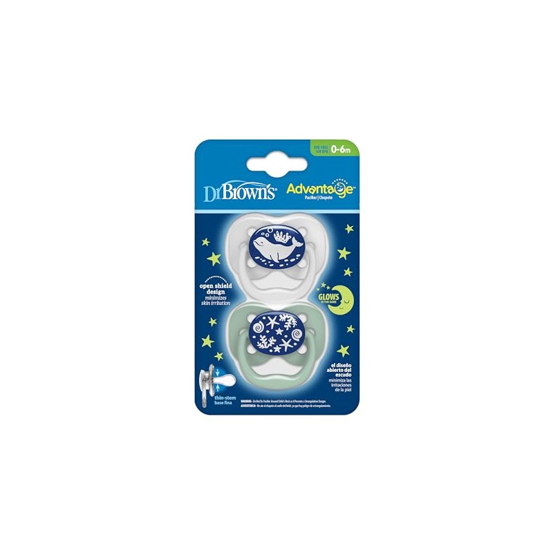 Dr. Brown's Advantage Glow-in-The-Dark 2 Piece Stage 1 Pacifiers, Blue,