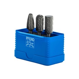 PFERD 3-Piece Carbide Bur Set, Double Cut, 1/4" Shank, Tungsten Carbide Rotary Burrs, for Metal Grinding & Deburring, Includes Plastic Case – Part 26548