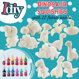 Jumbo Party Craft Kit Dino Squishies (12 Unique Dinosaurs w 12 Fabric Paints)-White Kawaii Scented Slow Rise Squishy Toys, Scented Stress Relief Craft, Kids School, Birthday Activity Gift (4"-6" ea)