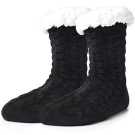 Women Slipper Fuzzy Socks, MH MOIHSING Winter Ladies Cozy Fluffy Cabin Warm Fleece Soft Comfy Thick Non Slip Home Socks Sherpa Lined Slipper Socks, Black