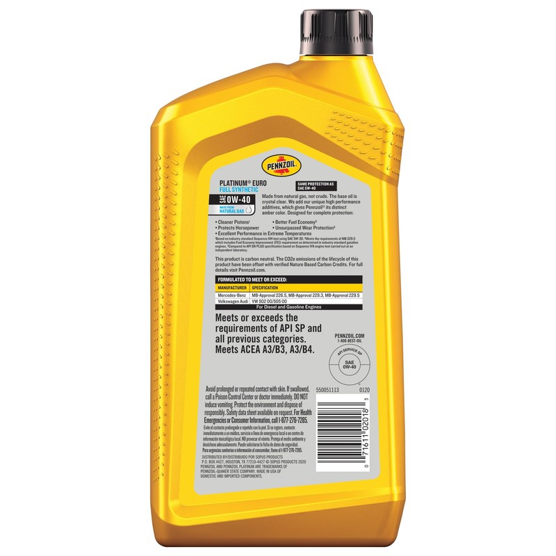 Pennzoil Platinum Euro Full Synthetic 0W-40 Motor Oil, 1 Quart