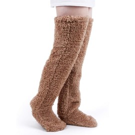 Over Knee High Fuzzy Socks Plush Slipper Stockings Furry Long Leg Warmers Winter Home Sleeping Socks (AU, Alpha, One Size, Regular, Regular, Brown)