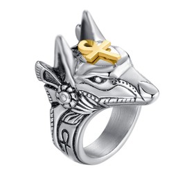 HIJONES Men's Stainless Steel Ancient Egypt God Anubis Gold Ankh Cross Amulet Ring Size P