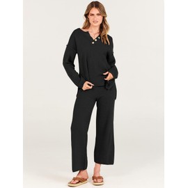 BUNSLOOM Women's 2 Piece Outfits Oversized Knit Loungewear Loose Slouchy Pullover Set Autumn Trendy Matching Lounge Sets, black