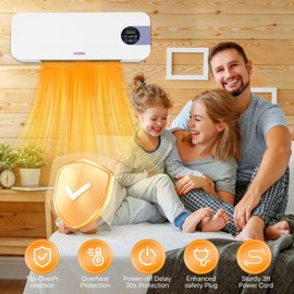 Wall Mounted Heater 1500W PTC Ceramic Electric Space Heater with Remote, LED Display, Adjustable Thermostat, Overheat Protection, Timer, Low Noise Heater for Bedroom, Office, Large Room Indoor Use