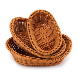 Yarlung Set of 3 Oval Woven Breads Baskets, Small Stackable Poly Wicker Fruit Baskets for Serving Vegetables, Kitchen, Restaurant, Outdoor, Imitation Rattan Brown, 3 Sizes