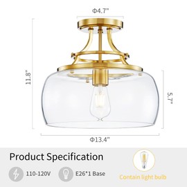 WUZUPS Chandelier Rustic Farmhouse Industrial Round Semi-flushmount Ceiling LED Light Fixture with Clear Glass Shades for Bathroom Kitchen Foyer Entryway, H 11.8" x W 13.4", E26 Base, Brushed Gold