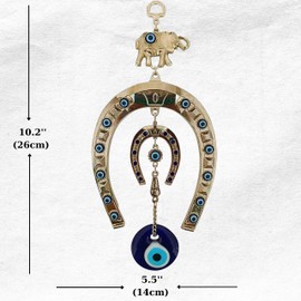 Erbulus Turkish Silver Horse Shoe Blue Evil Eye Wall Hanging Ornament with Elephant - Turkish Nazar Bead Amulet – Home Protection and Good Luck Charm (Large)