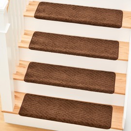 MBIGM Bullnose Non-Slip Stair Treads w/Reusable Adhesive 14 Pack 9.5" x 30" Wooden Steps Protection - TPU Backing with Steel Reinforcement - Anti-Slip Solution Basketweave Brown Non Slip Stair Tread