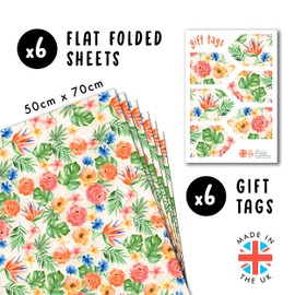 Floral Wrapping Paper - 6 Sheets Wrapping Paper for Women - Tropical Flowers and Monstera - Summer, Beach, Holiday - With Stickers - Recyclable - By Central 23