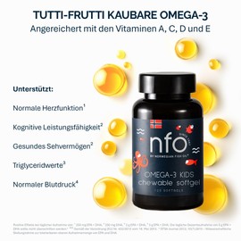 NFO Omega 3 Kids [120 Mini Fish Gelatin Chewing Capsules] Tutti-Frutti Omega 3 Children, Norway Omega 3 Capsules High Dose, EPA and DHA Omega 3 Fish Oil as TG Form, Vitamins D3, A, C & E, Fish Oil