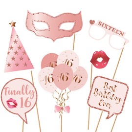 16th Birthday Party Photo Booth Props and Signs, Rose Gold 16 Birthday Party Selfie Props Kit with Sticks for Girls Women, Sweet Sixteen 16th Happy Birthday Party Decorations Supplies Favors