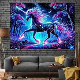 BlissYard Blacklight Unicorn Tapestry UV Reactive Forest Landscape Tapestries Wall Hanging Decor Neon Wolf Wall Tapestry Mysterious Poster Blanket Tapestry for Room Bedroom Dorm Party