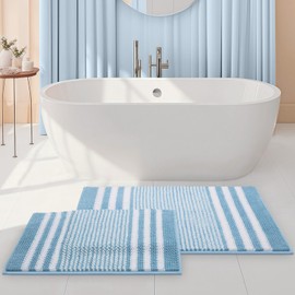 Tindbea Starryle Bathroom Rugs Set 2 Piece, Extra Soft and Absorbent Fluffy Striped Chenille Bath Mat Rug Set, Non Slip Bathroom Floor Mat, Machine Washable (20" x 32" Plus 16" x 24", Blue)