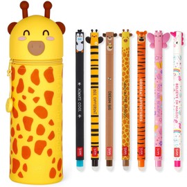 LEGAMI - Set of 7 Erasable Gel Pens + 2-in-1 Pencil Case Pen Pot - with Thermosensitive Erase Ink, Ink colours & barrel designs, 0.7mm Tip, Set 2 (Giraffe)