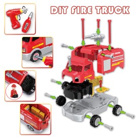 REMOKING Take Apart Toy, Educational Learning Car Toy for Boys & Girls, Build Your Own Car Toy Fire Truck ,STEM Playset with Tools and Power Drill, DIY Assembly Car Gifts with Realistic Sounds & Lights (3+ Ages)