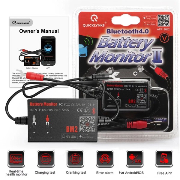 QUICKLYNKS Auto Battery Health Monitor Bluetooth 12V Battery Tester for