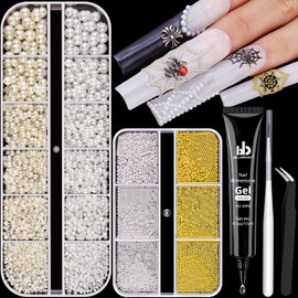 Flatback Pearls (White+Beige) and Metal Nail Beads (Silver+Gold) with Rhinestones Glue Gel for Nail Art, Pearl Nail Charms and Round Caviar Beads Nail Accessories for Acrylic Nail Tips Manicure Decor