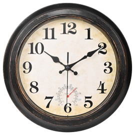 12 Inch Outdoor Clock Waterproof with Thermometer Retro Wall Clock for Garden Patio Pool Home(Bronze)