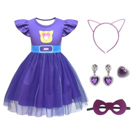 SHELOVESIT Girls Cute Kitties Tulle Dress with Flutter Sleeves Cat Dress Up Outfits for Christmas - 120cm/5T-6T - Purple
