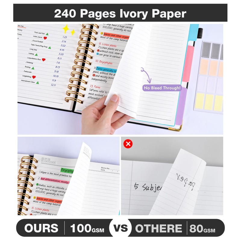 JASLEKO 3 Subject Notebook College Ruled with Dividers Tabs, 100