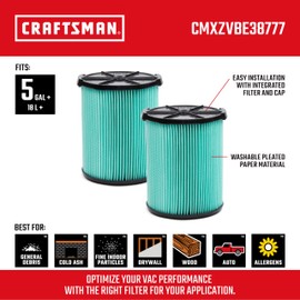CRAFTSMAN CMXZVBE38777 Genuine HEPA Media Wet Dry Vac Replacement Vacuum Filter for Most 5 to 20 Gallon CRAFTSMAN Shop Vacuums, Easy Installation and Traps Allergens, 2-Pack