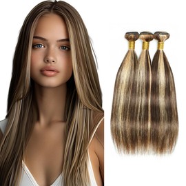 Biliisyff Ombre Highlight Brown Human Hair P4/613 Blonde Bundles Human Hair Highlight Straight Bundles Brazilian Hair #4 Brown Mixed With #613 Blonde Hair Extension 12 14 16 Inch