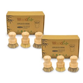 WOODLIFE® - Paquete de 6 cepillos de Cocina para vajilla, Platos y/o Limpieza de Fregadero, Fabricados de Bambu y cerdas de Palma o Fibra de Coco, 100% biodegradables.