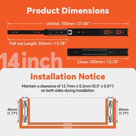ToBeGreat 1 Pair Side Mount Drawer Slides Rails 14 Inch 100 LB Load Capacity, Full Extension Ball Bearing Metal Replacement Dresser Runners Cabinet Trash Can Slider Kitchen Glides (Black,355.6mm)
