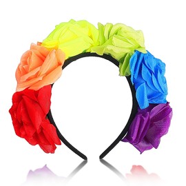 Doneace Pride Rainbow Headband Rose Flower Hairband for Women Girls Multicolor Rose Floral Crown Hair Hoop for Gay Pride Parades Headwear Festival Headdress Accessories 1PCS