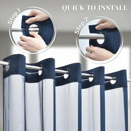 SORTTO No Hook Shower Curtain with Snap in Liner Set Waffle Shower Curtain for Bathroom Hotel Style Fabric Waterproof Inner Liner，54" W x 80" H, Navy Blue