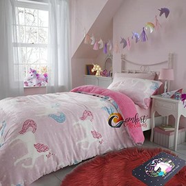 Unicorn Toddler Kids Children's Teddy Fleece Duvet Cover Quilt Bedding Set with Matching Pillowcases Bedding Set Unicorn Pink Single 135cm x 200cm Approximate