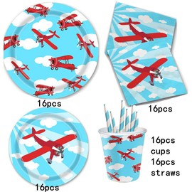 Airplane Party Supplies, 9in 7in Airplane Party Plates Napkins Cups Straws Airplane Party Tableware for 16 Guests Airplane Baby Shower Birthday Party Decoration