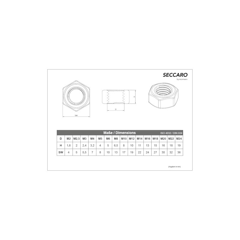 SECCARO nut M10, stainless steel V2A VA A2, DIN 934/ISO