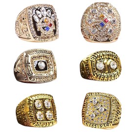 GIFT SET PITTSBURGH RUGBY 1974-75 1978-79 2005 2008 6-TIMES WORLD CHAMPIONSHIP RING, 6 RINGS SET WITH 6-HOLE WOODEN DISPLAY BOX PACKAGING, HOLIDAY GIFT FOR BASEBALL FANS