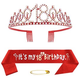 18th Birthday Sash and Tiara Crown Red Crystal Birthday Crown Set Red Birthday Crown Sash Decoration Birthday Crown for Girls Women Birthday Party Accessories Birthday Decoration 18th