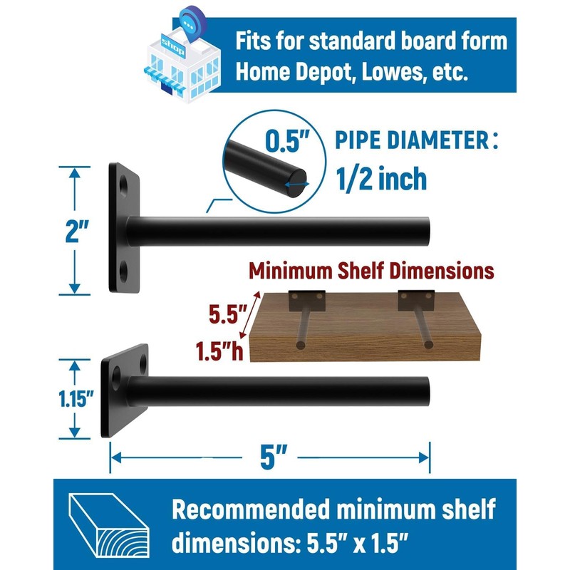 LEOPO Black 12-Pack 5 inch Floating Shelf Brackets, Hidden Shelf