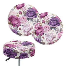 Kuiaobaty 2 Pcs Bar Stool Covers Round, Vintage Purple Pink Rose Print High Stretchy Circle Stool Cover, Soft Seat Slipcover Fit for Stool of Dia 12-14 in