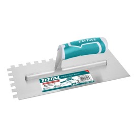 TOTAL - Serrated Trowel | 280 mm Masonry Tool | Carbon Steel for Cement & Glue Application | Ergonomic Bi-Material Handle | Compatible with Tool Belt | Blue, Carbon Steel